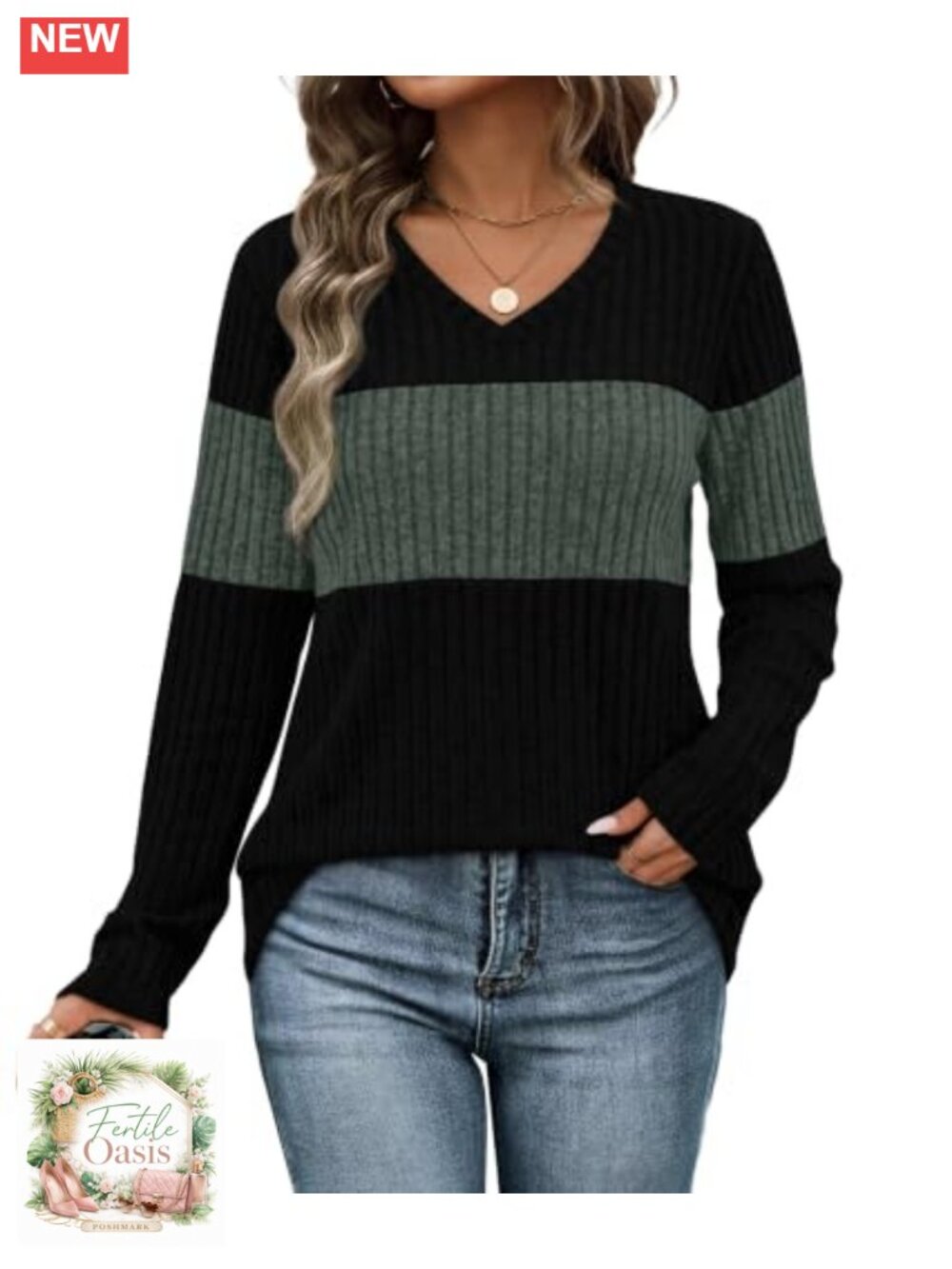 V-Neck Color Block Lightweight Sweater Long Sleeve Fall Top